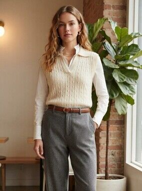 Cable Knit Collared Sweater Vest in Cream - Women